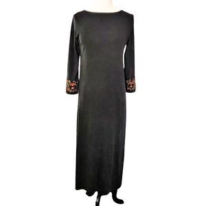 Natori Black Maxi Dress Sz M Embroidered Witchi con 3/4 Sleeves Super Cool